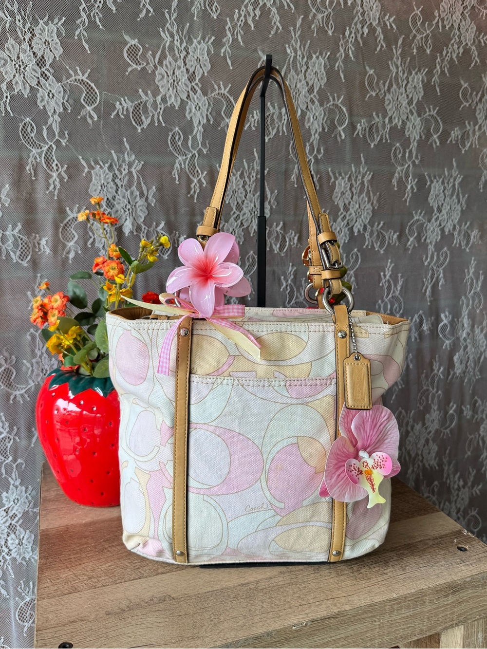 Coach Pink & Cream Signature Tote with Tan Leather Handles